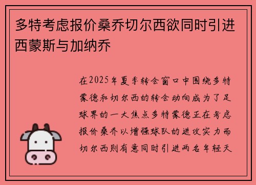 多特考虑报价桑乔切尔西欲同时引进西蒙斯与加纳乔