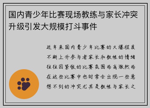 国内青少年比赛现场教练与家长冲突升级引发大规模打斗事件